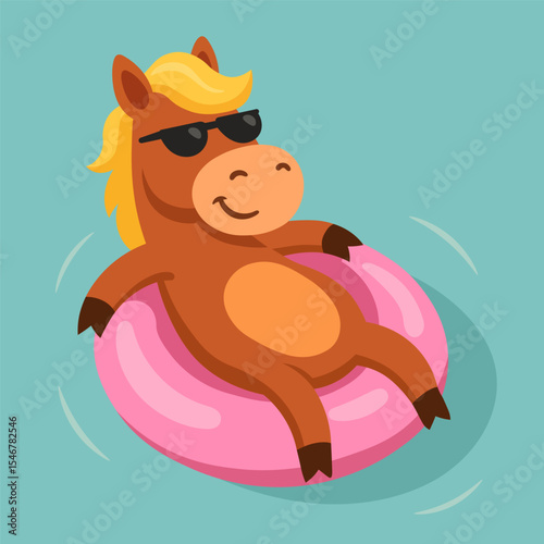 Cute cartoon horse with pink inflatable donut, wearing sunglasses, summer holiday flat style animal illustration with tropical vacation vibe