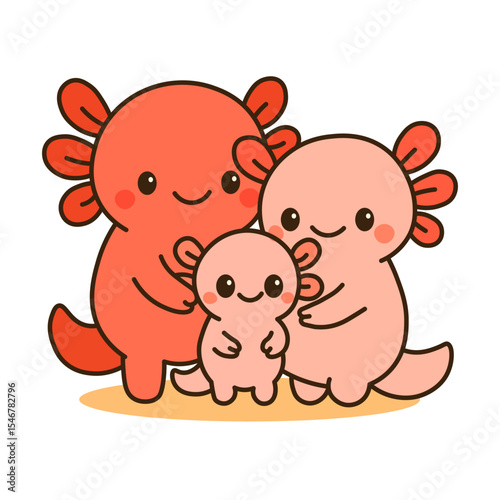 Cute cartoon illustration of an axolotl family with two parents and a baby. Adorable aquatic characters showing love and unity. Perfect for family, parenting, or underwater animal themes.