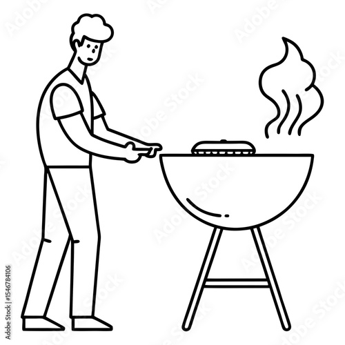 Man grilling sausages on barbecue with smoke rising outdoors  