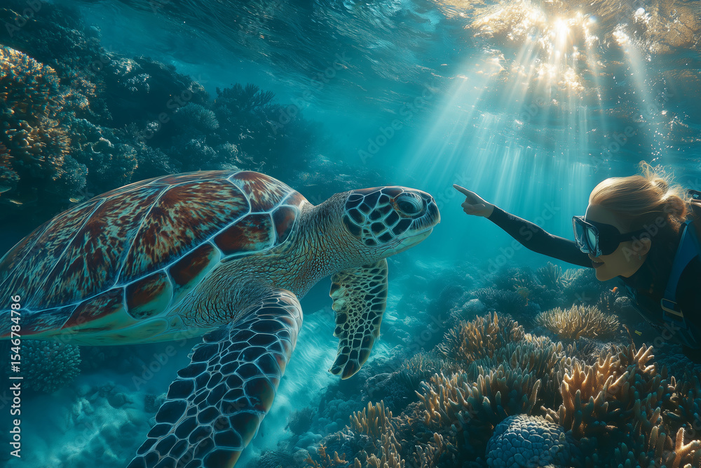 Fototapeta premium Diver with vitiligo shares a moment with a sea turtle in a vibrant reef