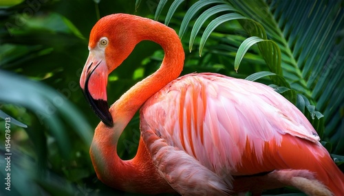 vibrant american flamingo in lush tropical foliage