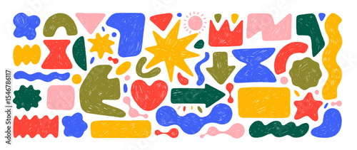Various crayon drawn geometric figures with rounded edges. Funky organic geometric shapes, childish doodle figures. Simple primitive elements and forms with pencil or chalk texture. Kid stickers.