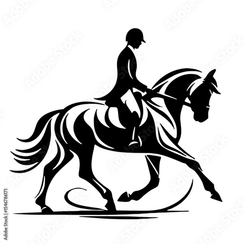 Horse and rider in silhouette trotting in graceful motion, transparent background  