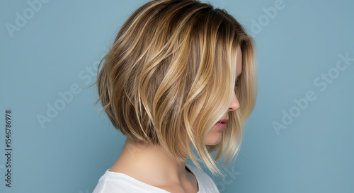 Isolated woman’s bob haircut with soft beach waves, highlighted with blonde and honey tones.