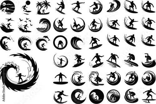 Surfing Pose Silhouette Collection – Beach Wave Rider Icons Surfer Riding Wave Icon Silhouette Set – Ocean Surf Vector Design