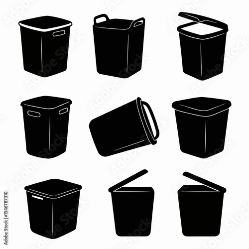 Silhouette trash can set, containers, bins, garbage