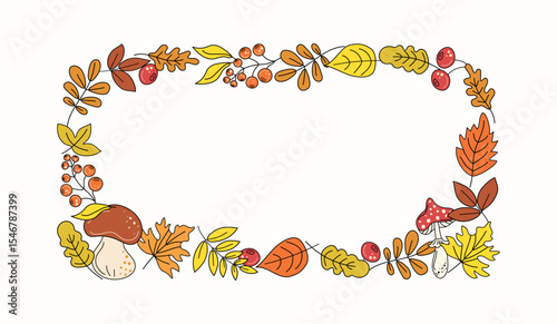 Autumn set. Rectangular frame, plant border. Leaves, mushrooms, berries. Leaf fall. Fly agaric, doodles, drawings, sketch. Natural botanical illustration. White isolated background.