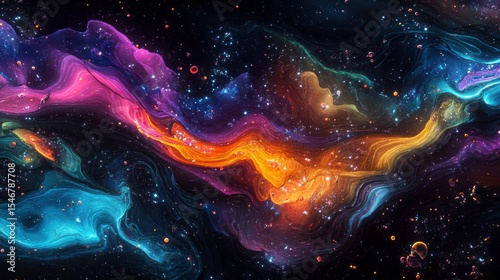 Vibrant cosmic nebula with swirling colors and glittering particles.