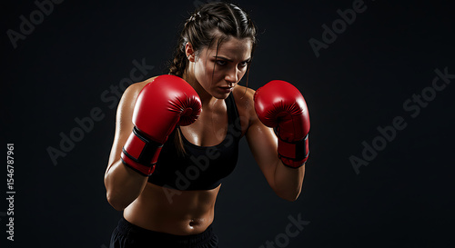 Isolated female boxer in defensive stance, wearing red gloves and workout shorts, intense expression.