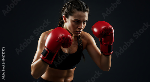 Isolated female boxer in defensive stance, wearing red gloves and workout shorts, intense expression.