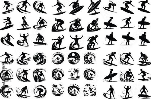 Surfing Pose Silhouette Collection – Beach Wave Rider Icons Surfer Riding Wave Icon Silhouette Set – Ocean Surf Vector Design