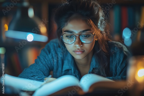 Indian student diligently working on a research paper late into the night