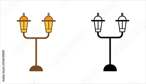 Double street lamp icon set. Black silhouette. Vertical front side view. Vector simple flat graphic illustration. Isolated object on white background. Isolate.
