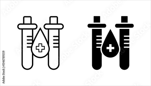 Test tube with blood, medical logo, simple icon set. Linear sticker, white border and simple shadow on gray background
