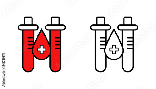 Test tube with blood, medical logo, simple icon set. Linear sticker, white border and simple shadow on gray background
