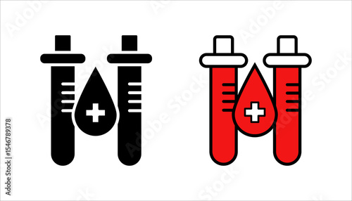 Test tube with blood, medical logo, simple icon set. Linear sticker, white border and simple shadow on gray background
