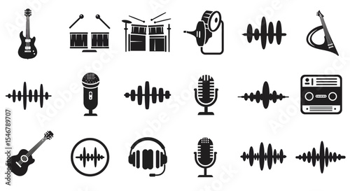 Minimalist Vector SVG Icon Set with Musical Instruments and Audio Elements in Black for Digital Media