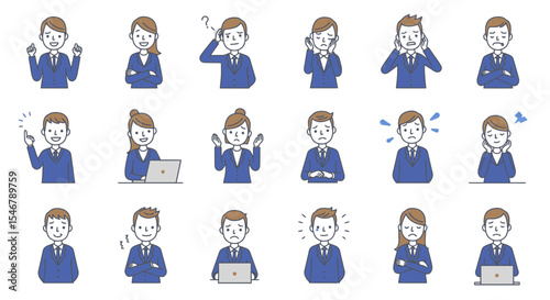 Vector Line Art SVG Illustration of Businessman Emotions and Expressions Modern Minimalist Flat Design in Blue Colors