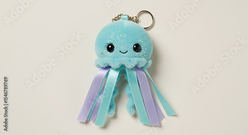 A tiny jellyfish plush keychain with dangling tentacles made of satin ribbons and glittery eyes.