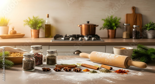 Festive Baking Ingredients Composition On Kitchen Counter Ready For Cookie Preparation