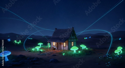Enchanted Village Under Starry Night Sky with Glowing Mushrooms