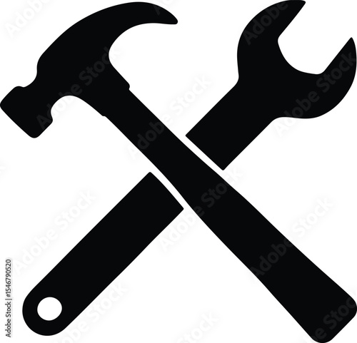 Silhouette crossed hammer and wrench repair tools Vector Illustration
