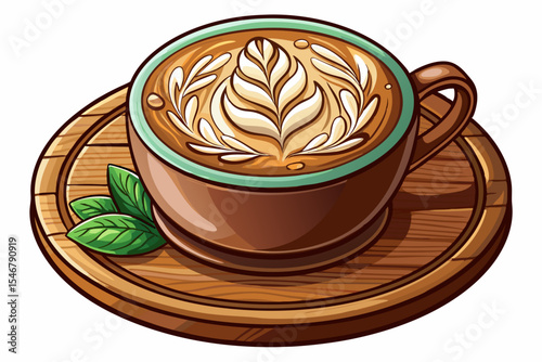 Hot cappuccino with leaf latte art in white cup on isolated background foamy Italian coffee vector ideal for menus, branding, café decor, or beverage icons