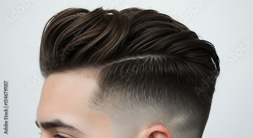 A male haircut with a high fade and textured quiff, set with matte pomade and side detail.
