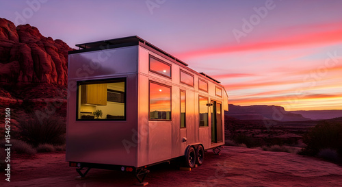 Modern Tiny House With Striking Desert Sunset Landscape Scenery