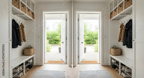 Bright Entrance Hall With Modern Minimalist Design And View To Garden