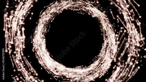 Abstract animation, glowing rings of light particles expanding and contracting against black background, symbolizing cosmic energy, cycle, creation, and ethereal beauty