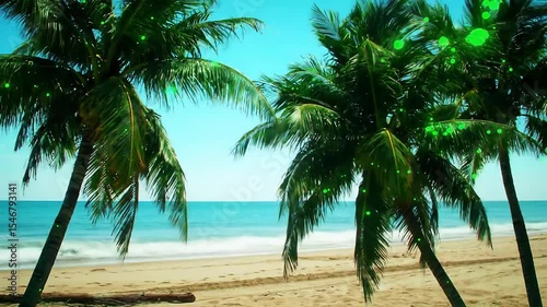 Tropical beach scene, turquoise water, palm trees, paint strokes animation effect, evokes summer, relaxation, vacation, paradise