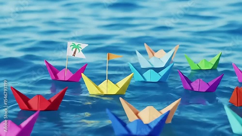 Colorful paper boats float on blue water, some with palm flags, symbolizing journey, hope, dreams, childhood, and freedom