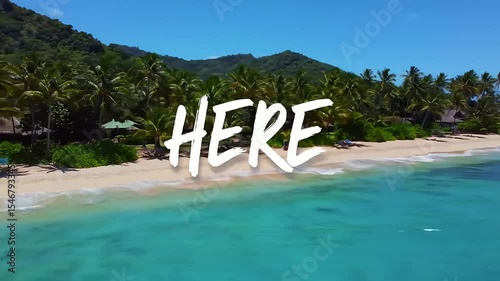 Animated map pinpoints tropical beach location, showcasing turquoise water, white sand, palm trees, and lush hills It represents travel, vacation, paradise, and discovery