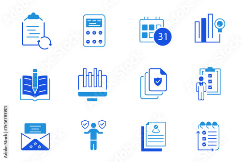 Audit solid flat Icons set. Inspection, documentation, auditor, checkmark, accounting icons. Check and audit icons collection. Vector editable illustration