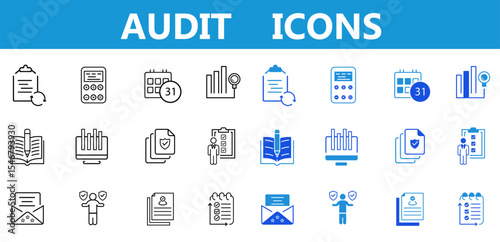 Audit Line and flat Icons set. Inspection, documentation, auditor, checkmark, accounting icons. Check and audit icons collection. Vector editable illustration