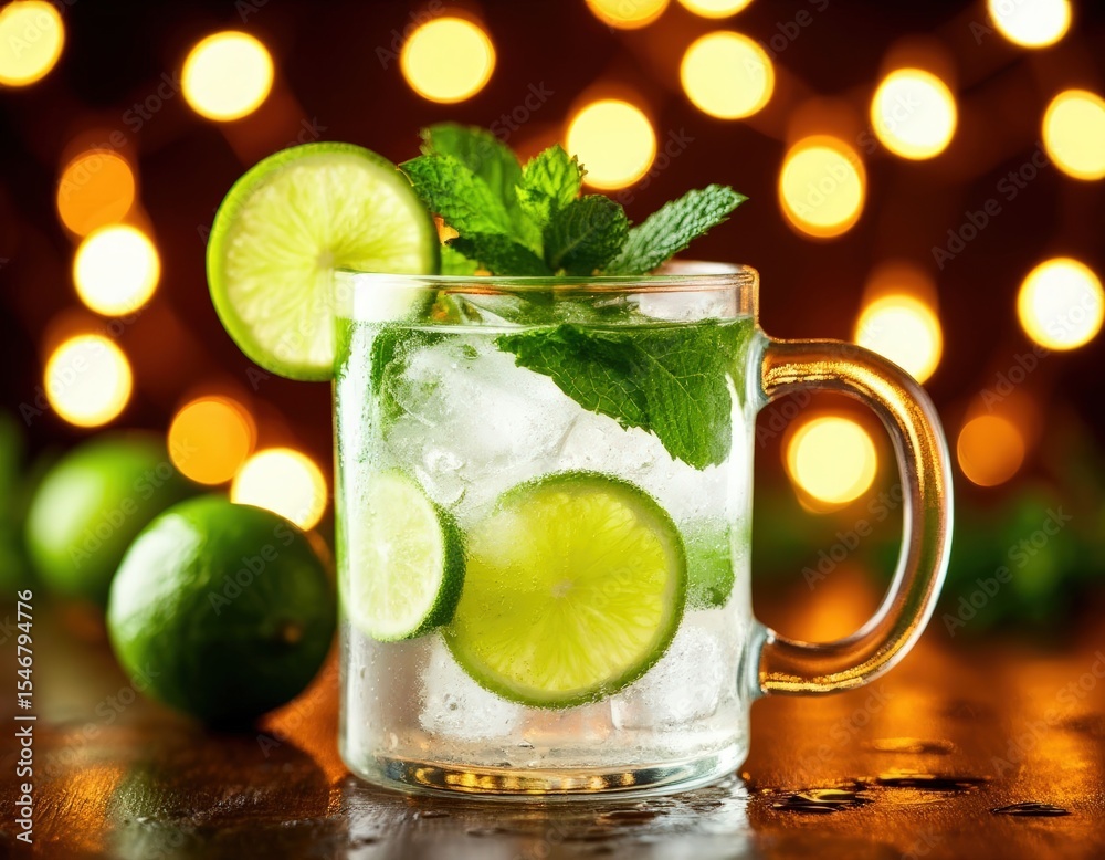 Fototapeta premium Non-alcoholic mojito in clear mug, blurred lights in the background.