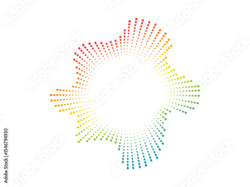 Circular audio color wave pattern with dots radiating outward. The vector design represents sound neon waves and music visualization in a minimalist style.