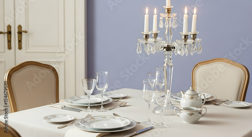 Elegant Table Setting With Crystal Candelabra And Fine China Ready To Dinner