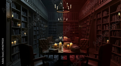 Mysterious Library Meeting Room Illuminated by Candles and Two Light Schemes