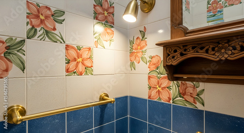 Bright And Vintage Bathroom Interior With Floral Tiles And Wood Details