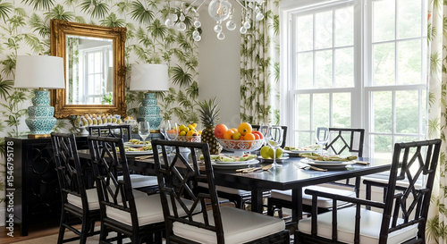 Inviting Dining Room With Tropical Wallpaper And Formal Table Setting
