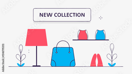 Bright vector illustration of a new collection display featuring bags and shoes for fashion advertising