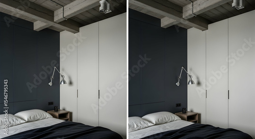 Muted Bedroom Interior With Modern Lamp And Clean Lines Design Concept
