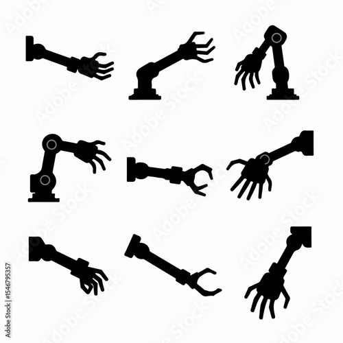 Robot arms black silhouette, artificial limb collection