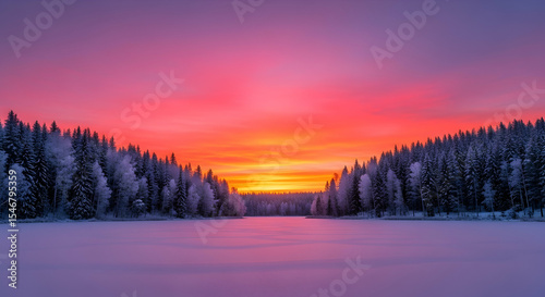 Fiery Winter Sunset Over Forest Landscape Covered With Snow And Ice
