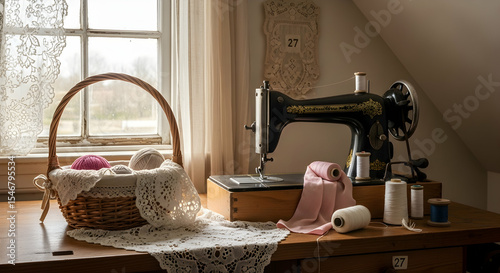 Nostalgic Sewing Setup With Antique Machine Basket and Threads By The Window
