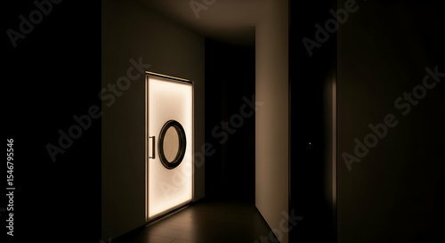 Illuminated Circular Window Doorway Casts Eerie Glow on Dark Hallway