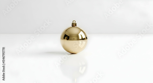 Elegant Golden Christmas Ornament with Reflection On White Surface