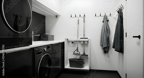 Organized Laundry Room Interior Design Featuring Modern Appliances And Storage